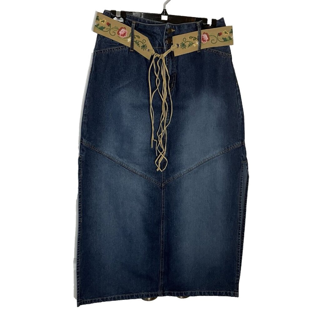 Y2K Sidestreet Denim Maxi Skirt Womens L Floral Embroidered Belt Boho Cowgirl